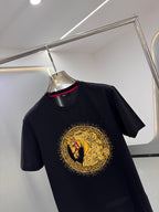 Versace T-shirt in dark navy with gold and red emblem graphic on front