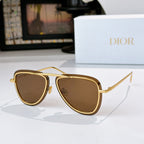 Dior sunglasses with gold frame and brown tinted lenses, angled view