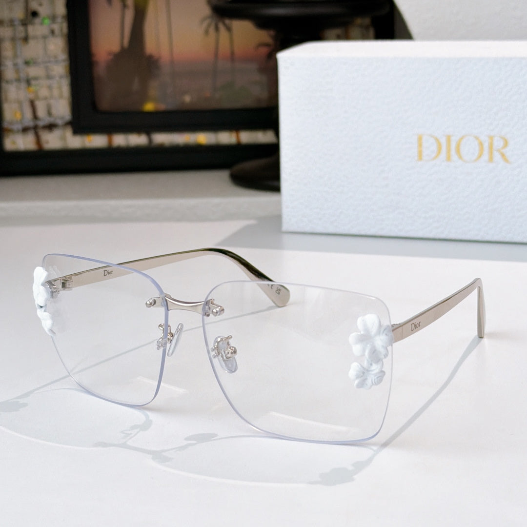 Dior oversized square sunglasses with clear lenses and white flower temple accents