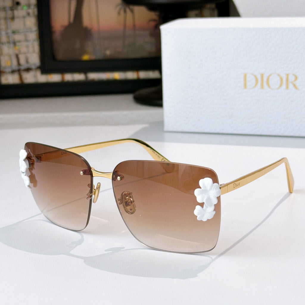 Dior oversized square sunglasses with brown lenses and white flower accents