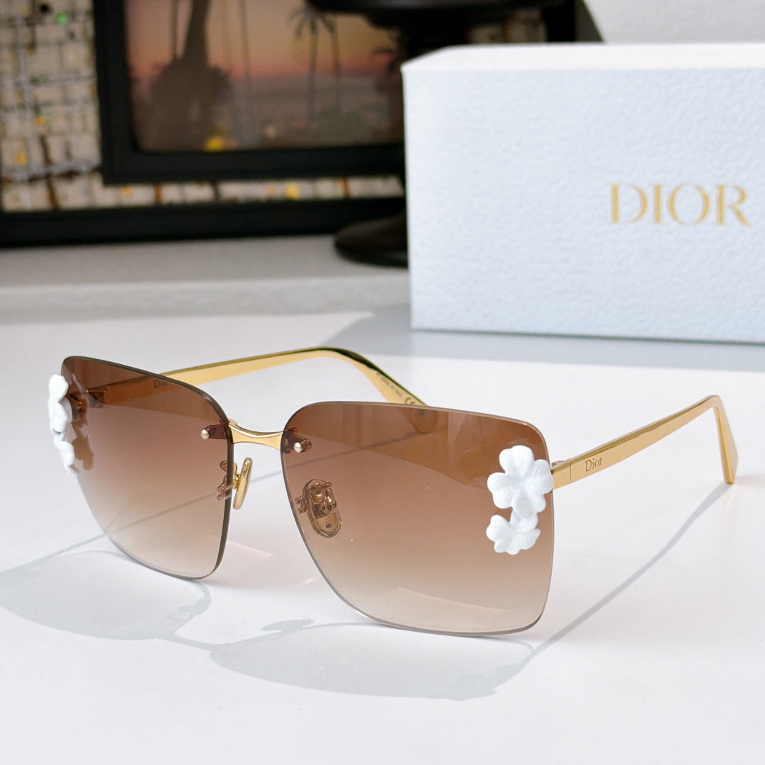 Dior oversized square sunglasses with brown lenses and white flower accents