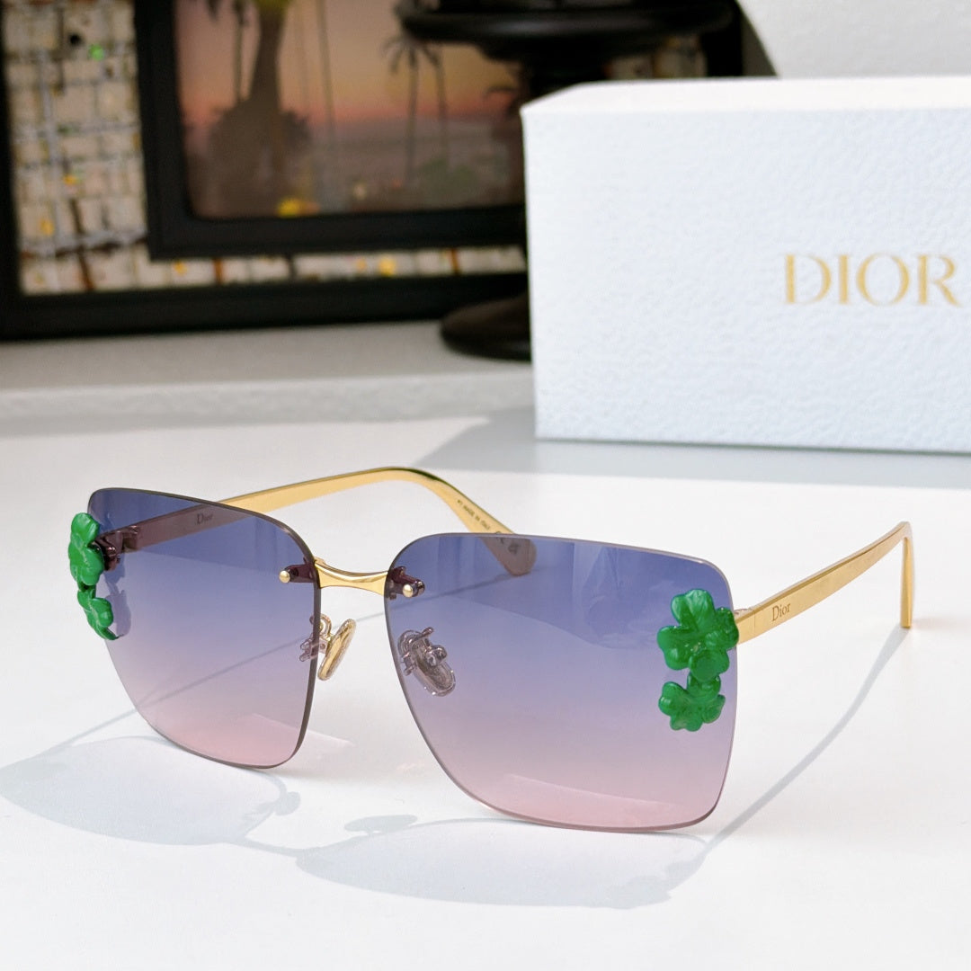 Dior oversized square sunglasses with purple gradient lenses and green flower detail