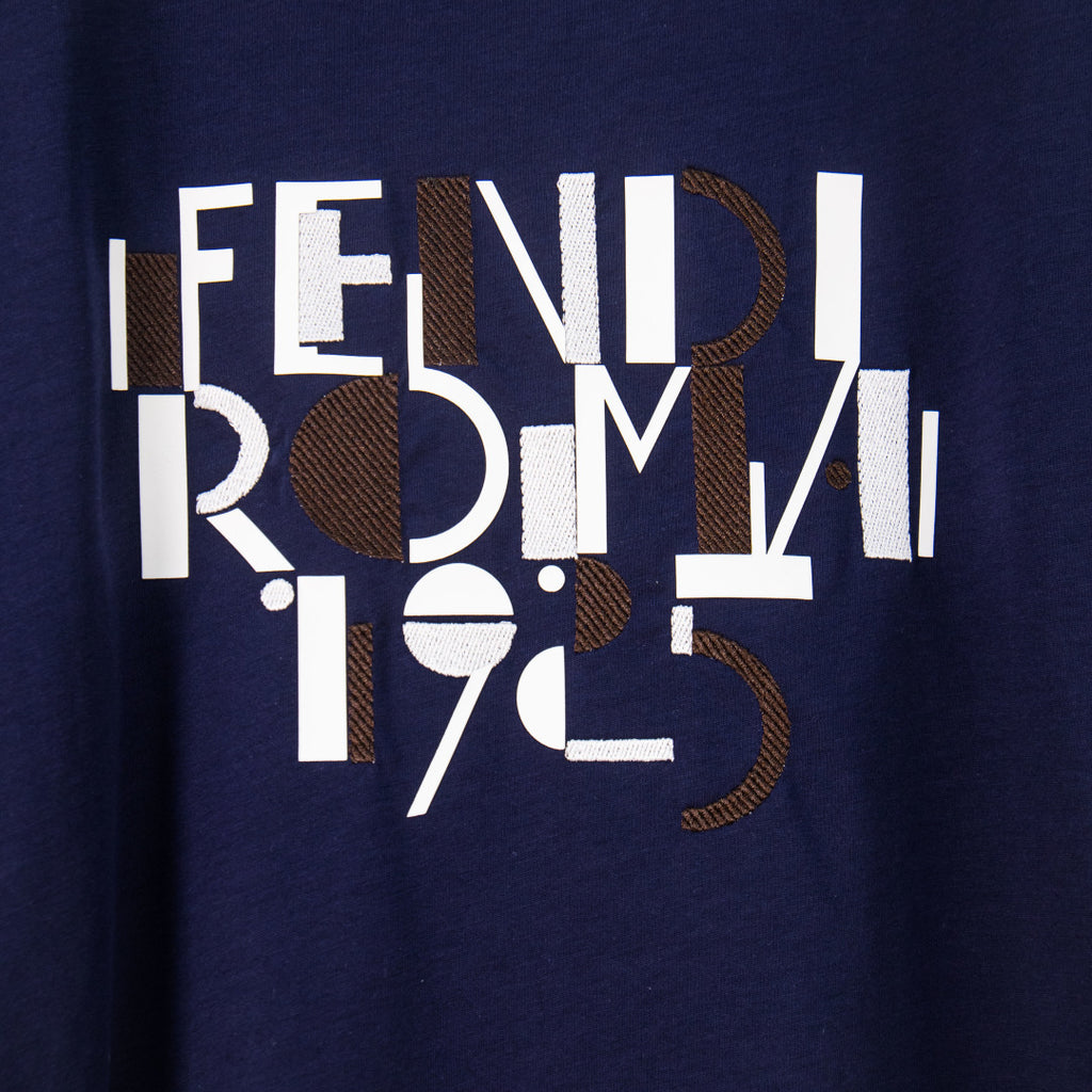 Fendi short-sleeve T-shirt front graphic text print in white and dark navy