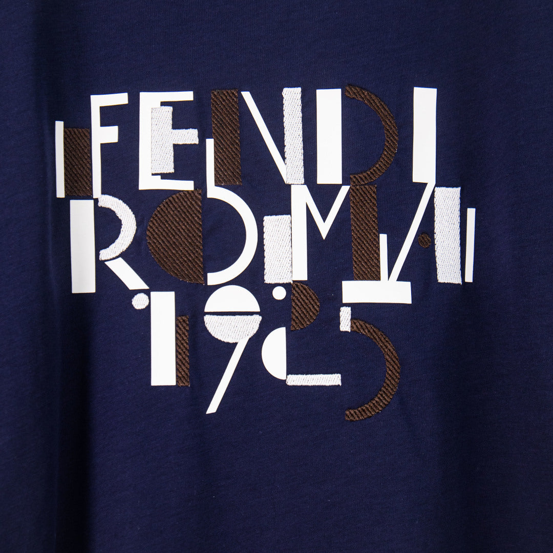 Fendi short-sleeve T-shirt front graphic text print in white and dark navy