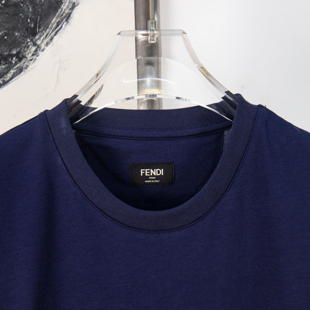 Fendi short-sleeve T-shirt neckline with small FENDI logo tag at the collar