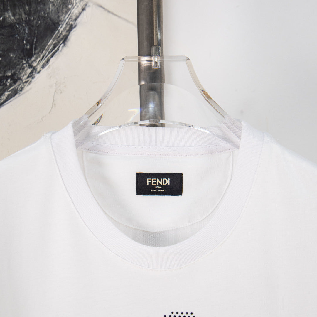 White crewneck Fendi T-shirt with small rectangular brand label at back neck