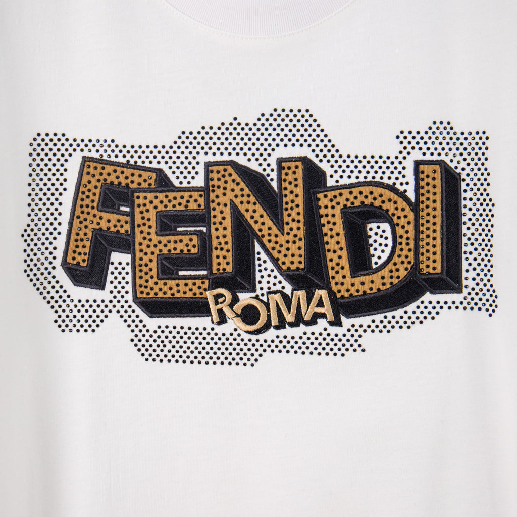 White Fendi T-shirt with FENDI ROMA dotted logo graphic