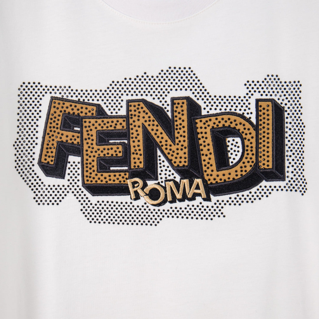 White Fendi T-shirt with FENDI ROMA dotted logo graphic