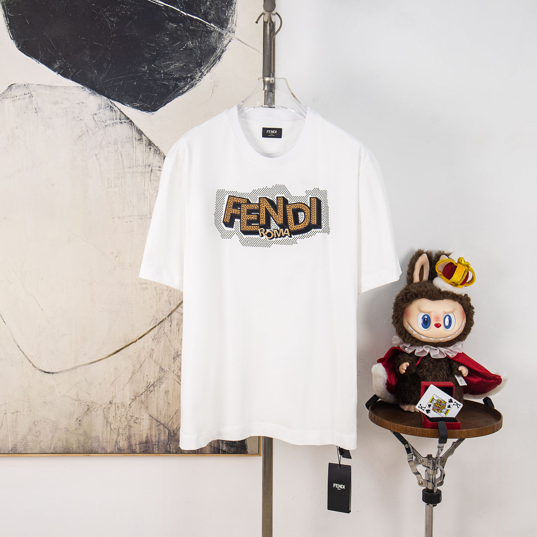 White Fendi T-shirt with large FENDI ROMA logo graphic on chest