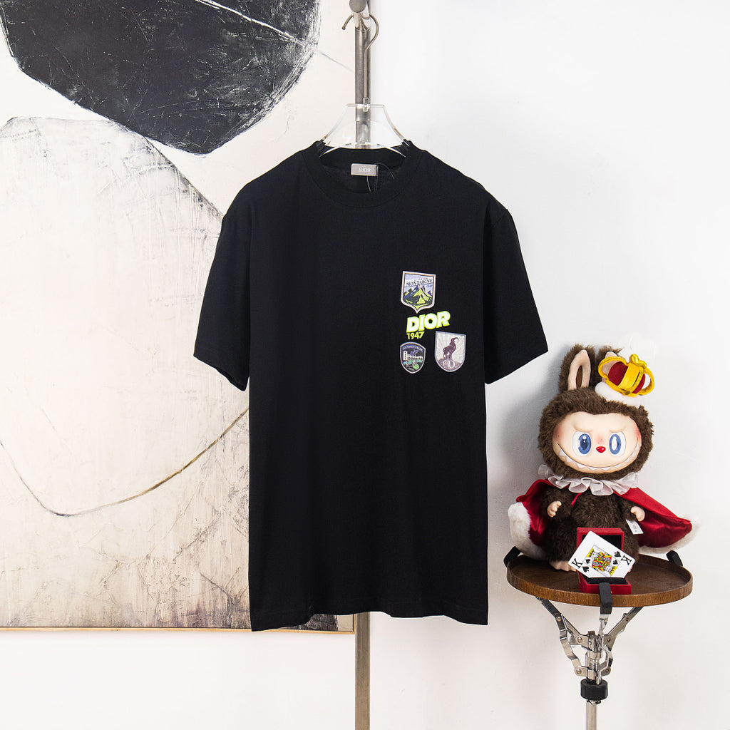 Black Dior T-shirt with colorful crest patches