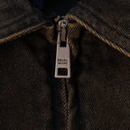 Zip pull with PRADA MILANO text on dark-brown jacket