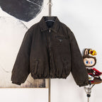 Long jacket in dark brown with stand collar and zip front