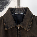 Long jacket collar close-up with zipper and inner brand label