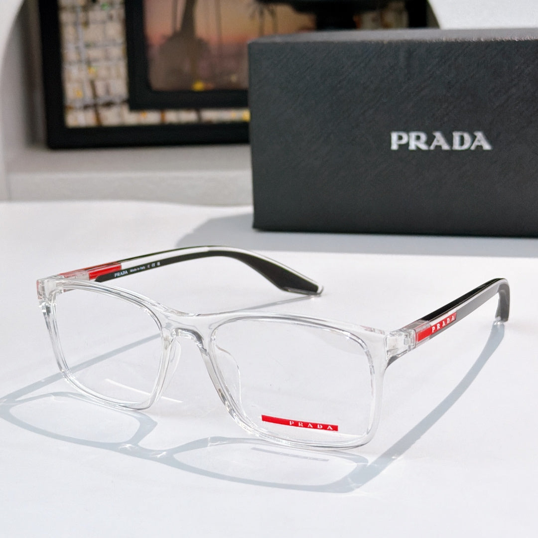 Prada glasses with clear rectangular frames, red PRADA logo on temples