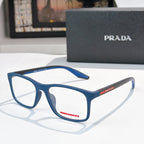 Prada glasses with blue rectangular frames, clear lenses and PRADA logo on temples