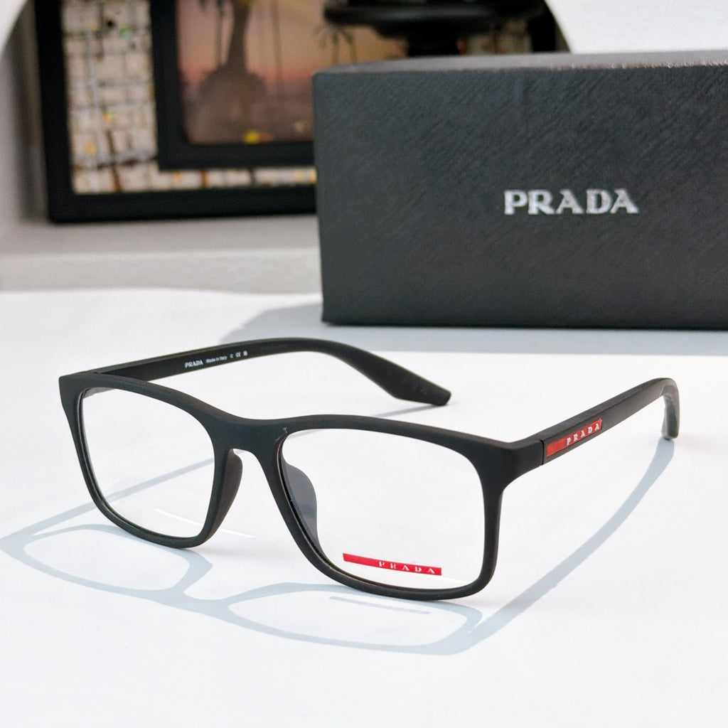 Prada glasses side view with black rectangular frames and PRADA logo on temple