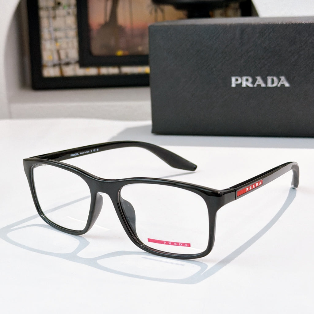 Prada glasses with black rectangular frames, clear lenses, PRADA logo on temples