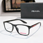 Prada glasses with black rectangular frames, clear lenses, PRADA logo on temples