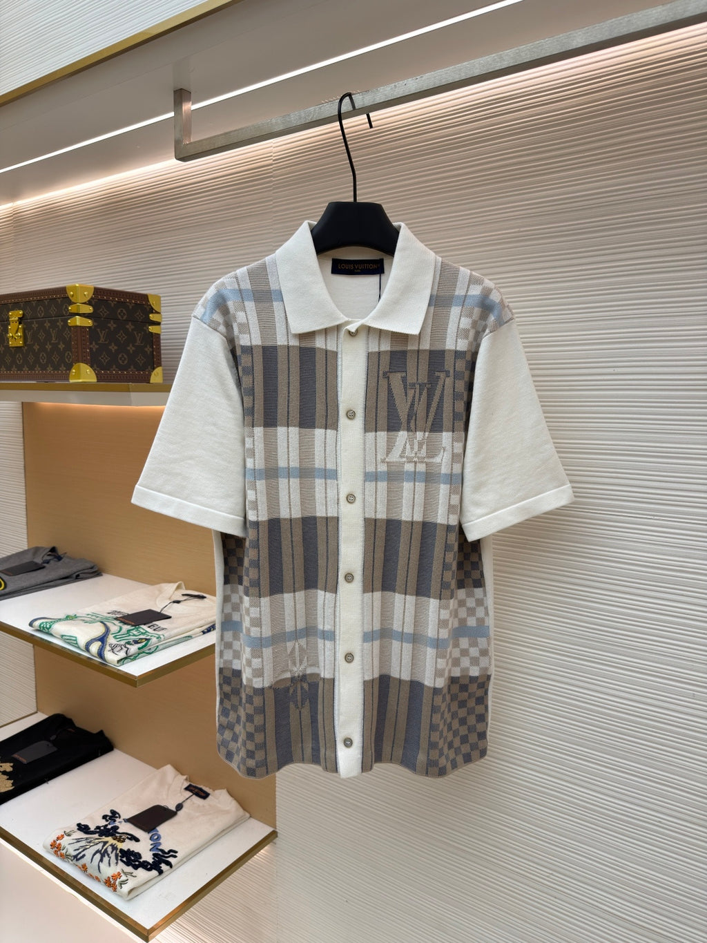Louis Vuitton short-sleeve button-up shirt with check panel and logo print