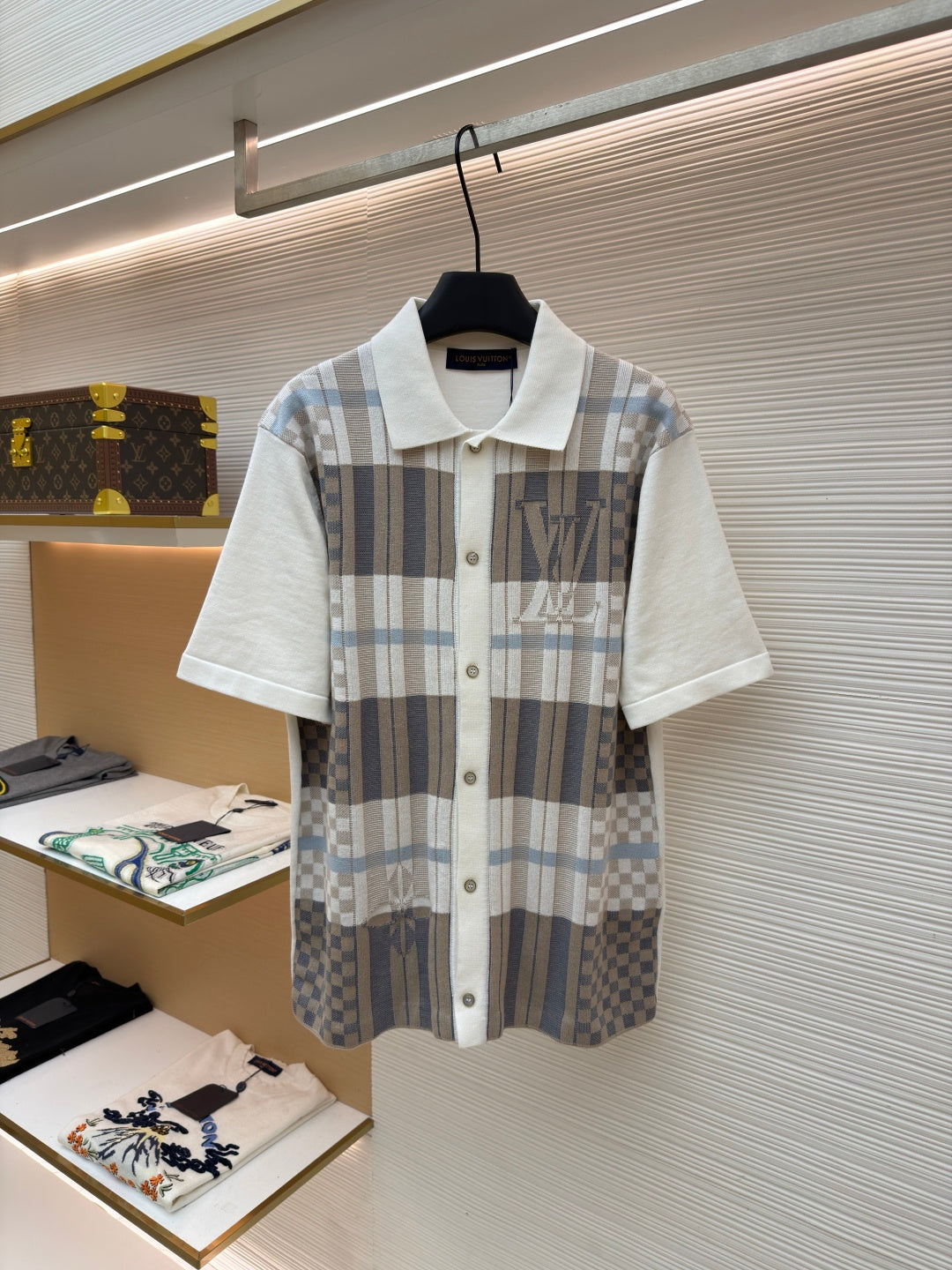 Louis Vuitton short-sleeve button-up shirt with check panel and logo print