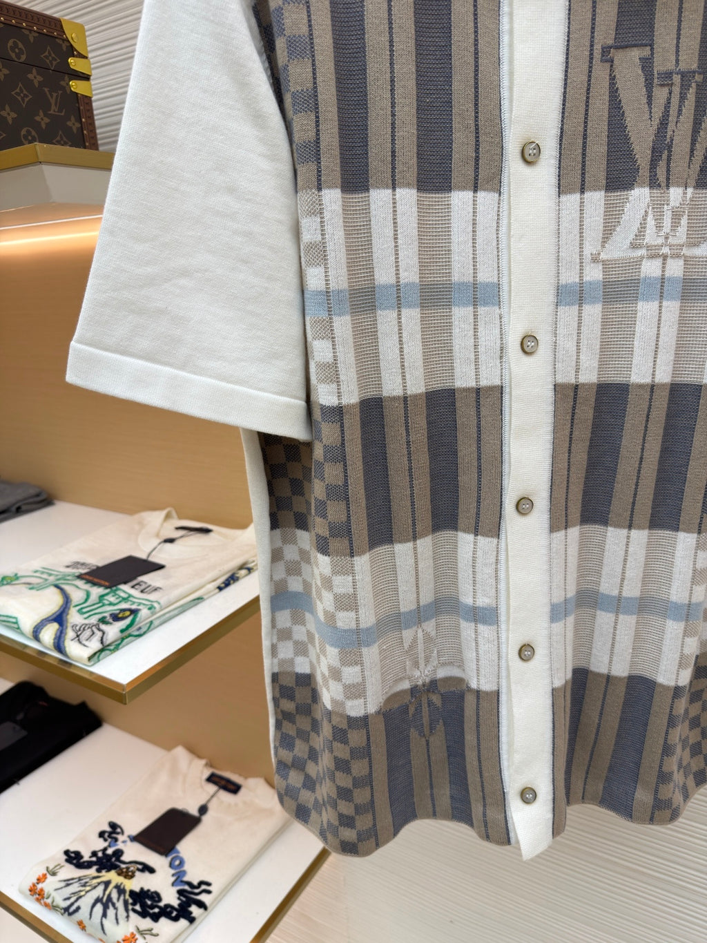 Louis Vuitton short-sleeve button-up shirt with plaid front and gold-tone buttons