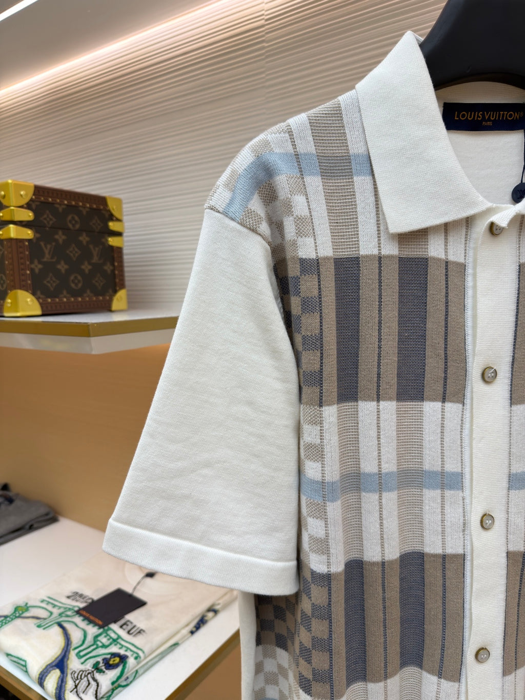 Louis Vuitton short-sleeve shirt with white collar and blue-gray plaid front panel