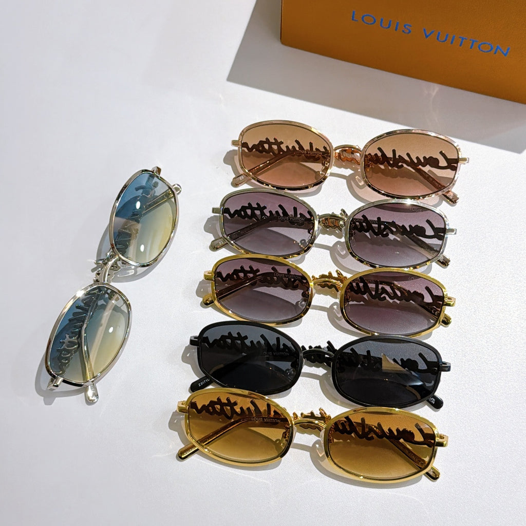 Louis Vuitton sunglasses set, multiple frames with tinted lenses on display