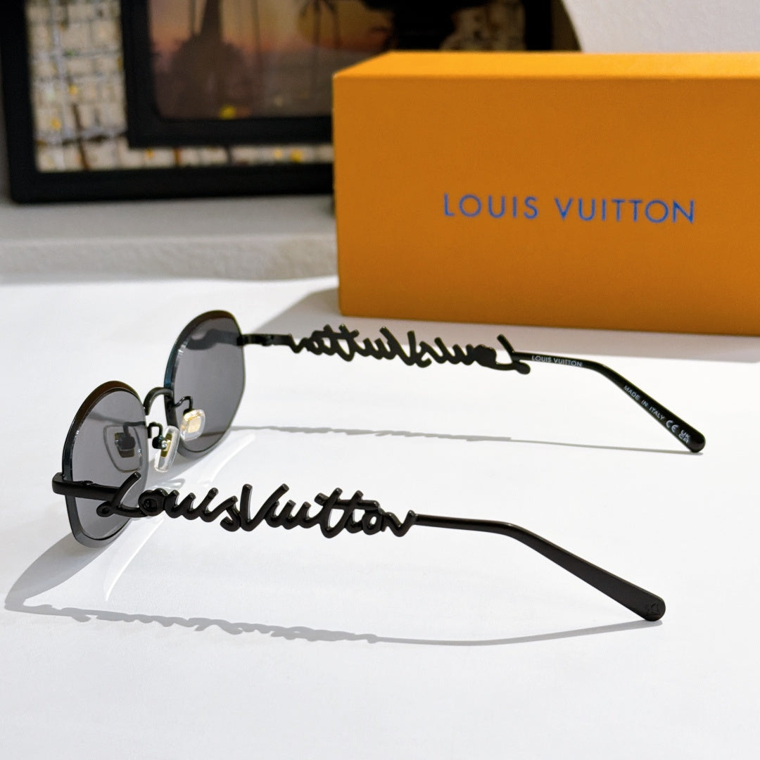 Louis Vuitton sunglasses, black frame side view with script detail