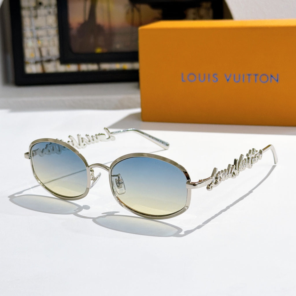 Louis Vuitton sunglasses, silver frame with light blue gradient lenses