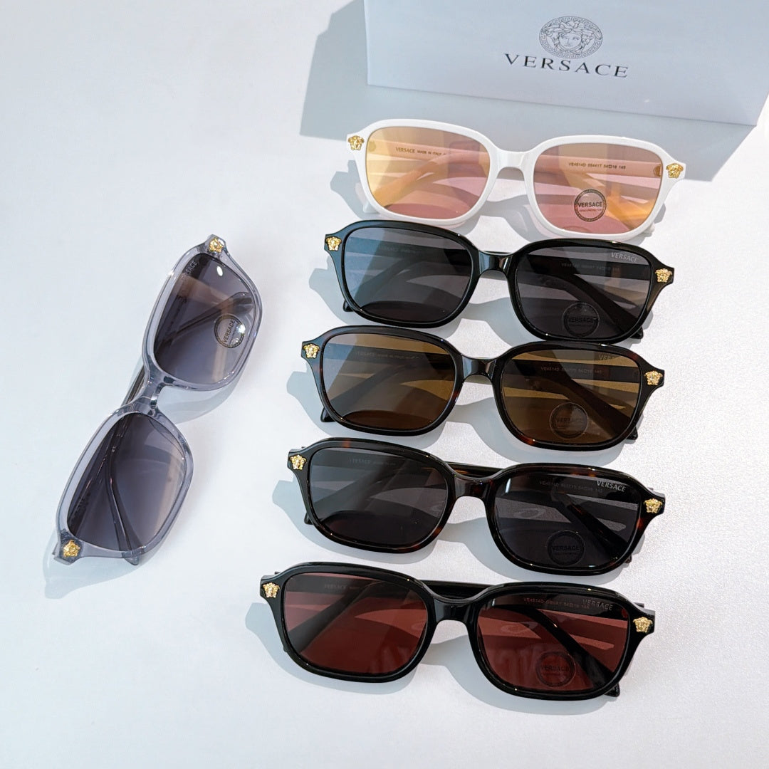 Versace sunglasses assortment with multiple frames and tinted lenses, shown with case