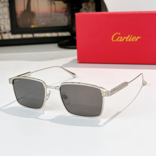 Cartier glasses with silver frame and dark gray lenses, angled side view