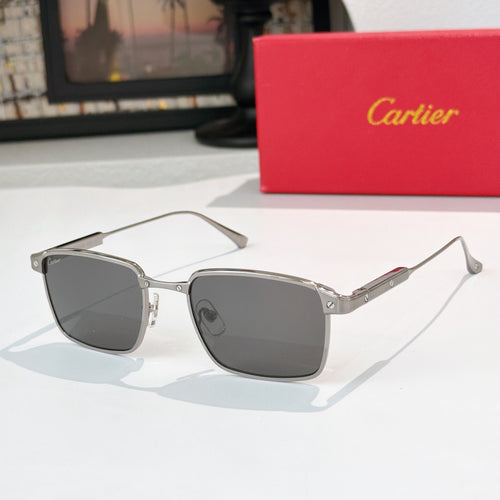 Cartier glasses with silver frame and dark gray shield-style lenses