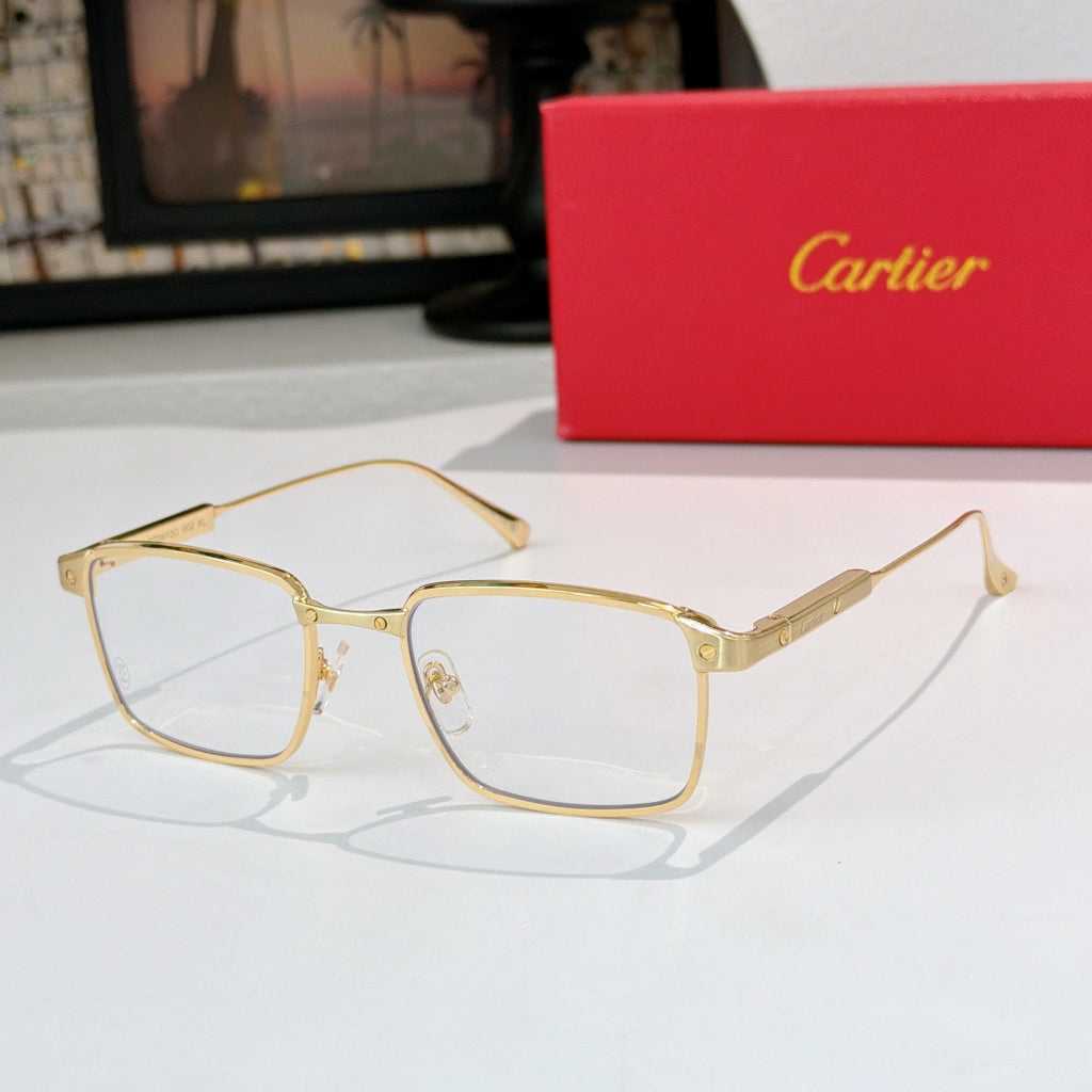 Cartier glasses with gold frame and clear lenses, angled front view