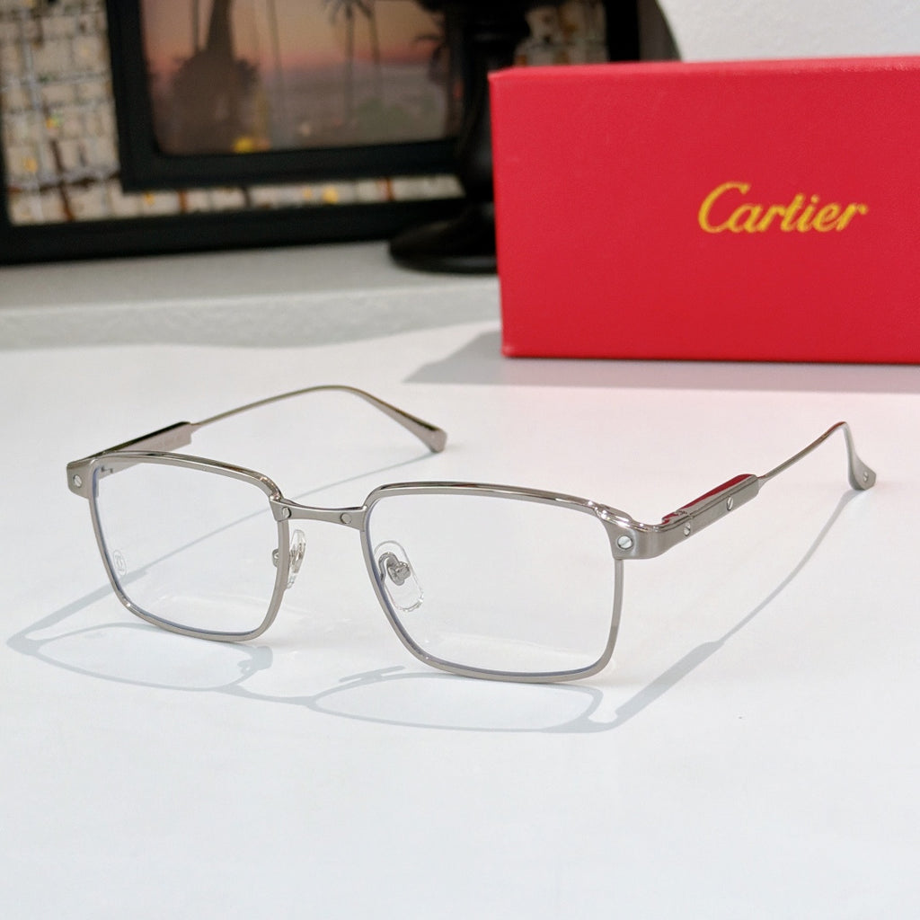 Cartier glasses with clear lenses and silver frame, front view