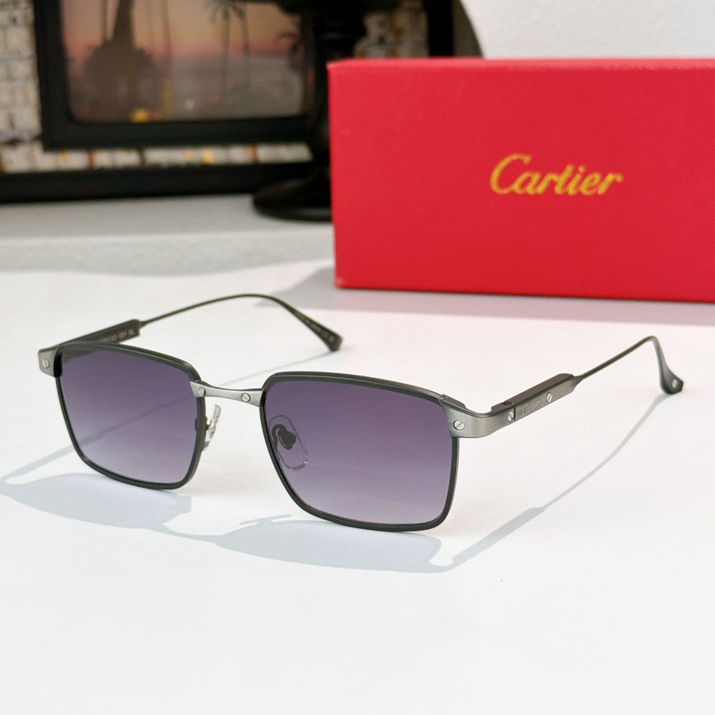 Cartier glasses with silver frame and purple tinted lenses, side view
