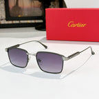 Cartier glasses with silver frame and purple tinted lenses, side view