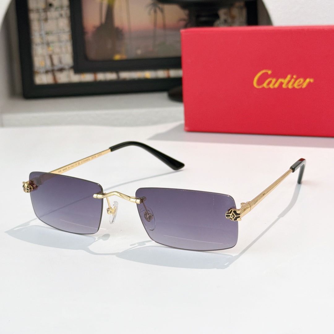 Cartier sunglasses with dark purple lenses and gold-tone metal frame