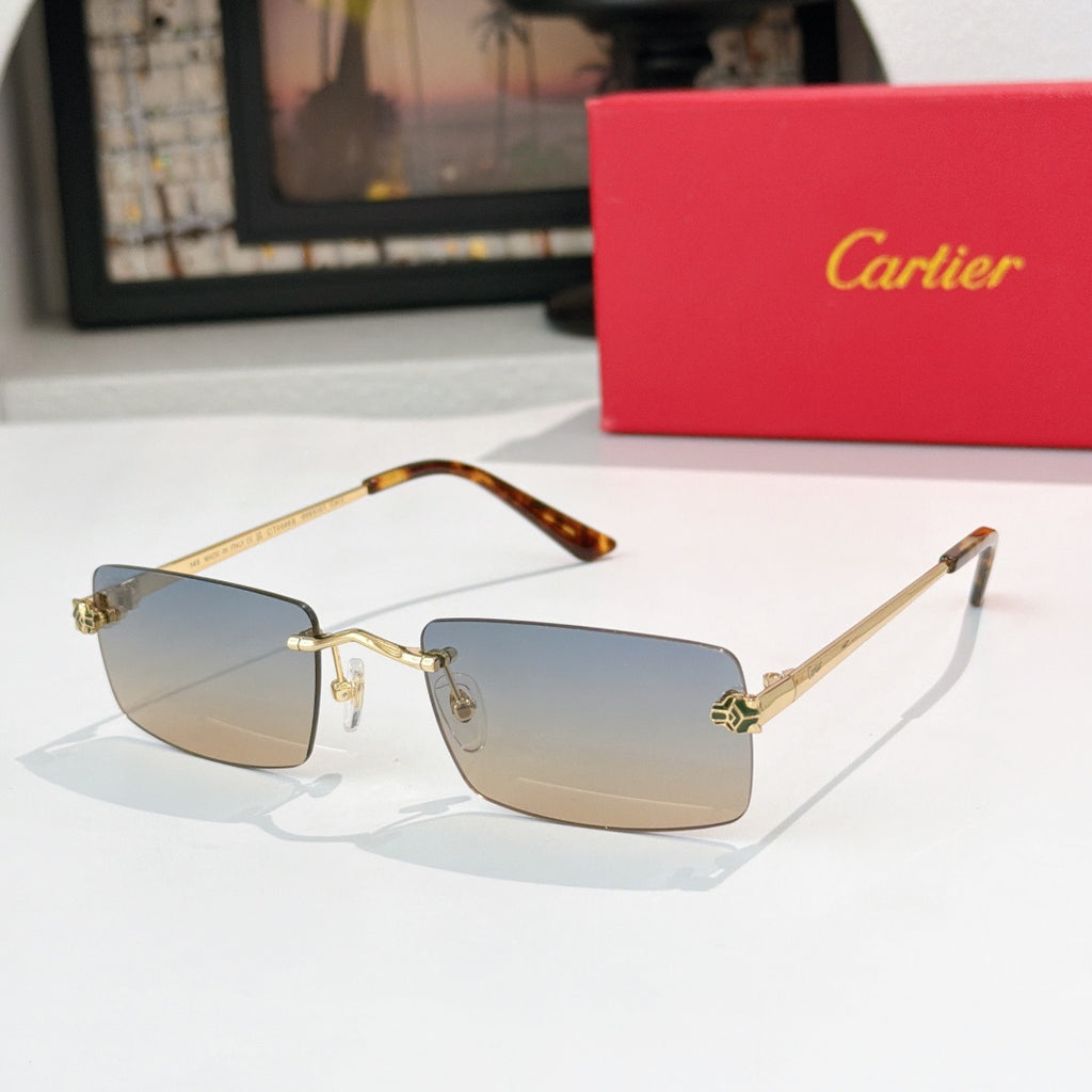 Cartier sunglasses with light blue lenses, gold frame, and tortoise temples