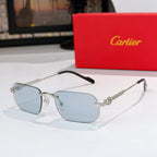 Gold-rimmed sunglasses with light blue lenses and black arms, metal hinges