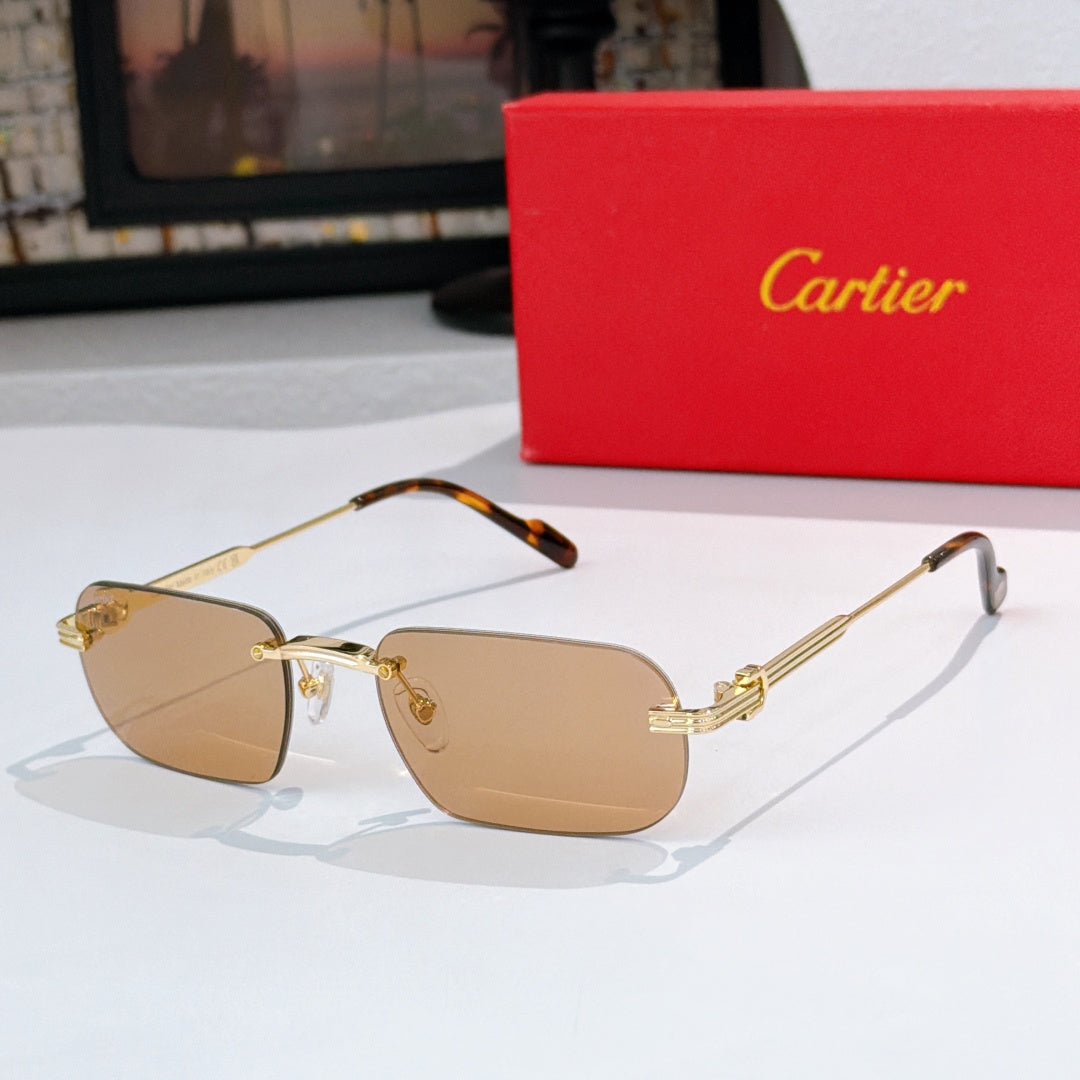 Gold-rimmed sunglasses with tan lenses and tortoiseshell arms, metal hinges