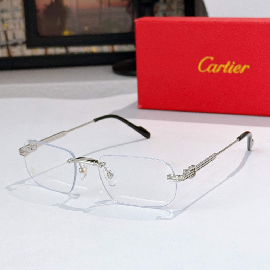 Clear eyeglasses with thin gold frame, transparent lenses and metal temples