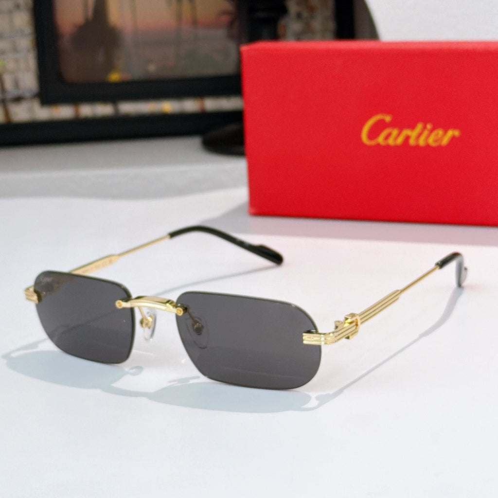 Gold-rimmed sunglasses, side view, with dark gray lenses and black arms, metal hinges
