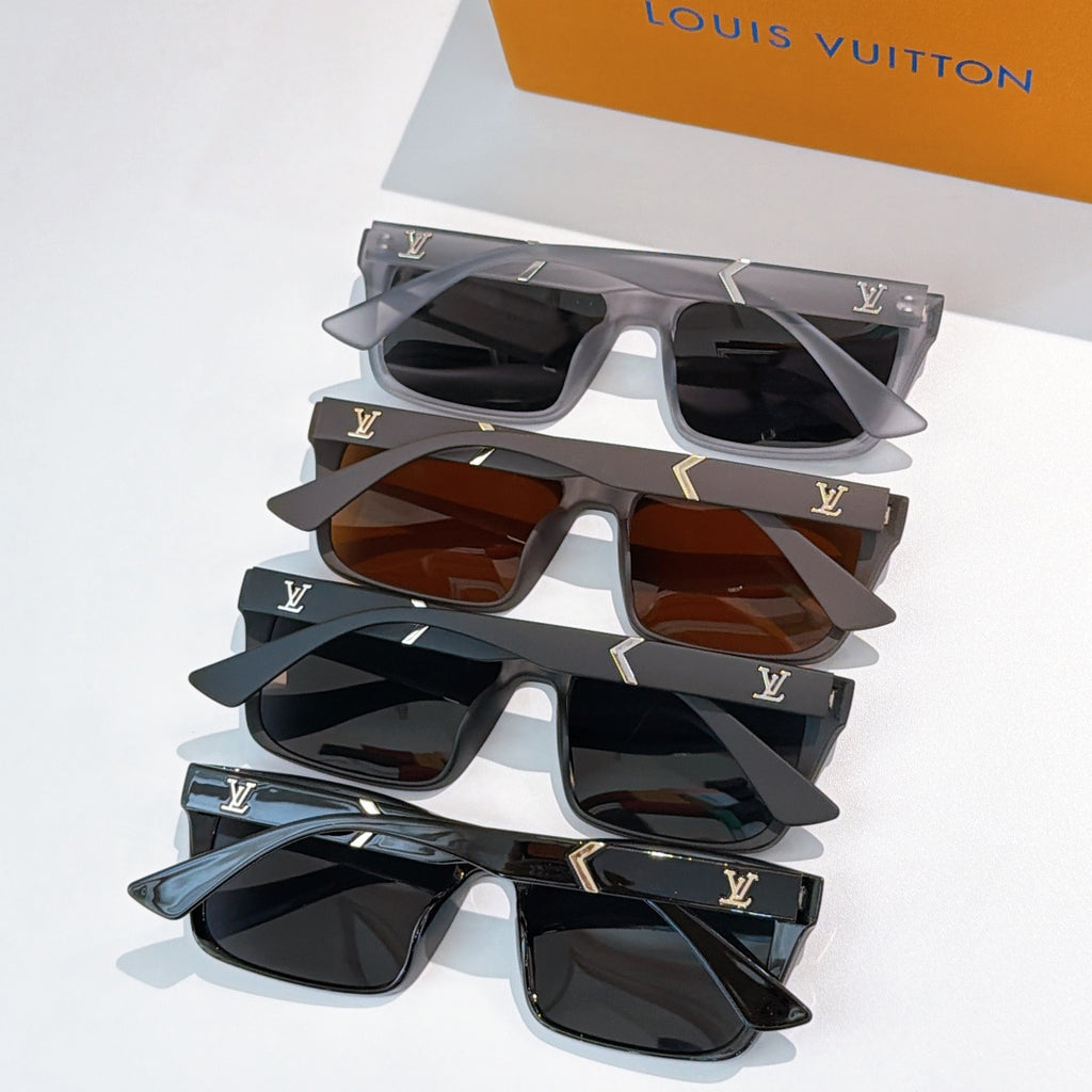 Stack of four square-frame sunglasses with dark, amber, and black lenses