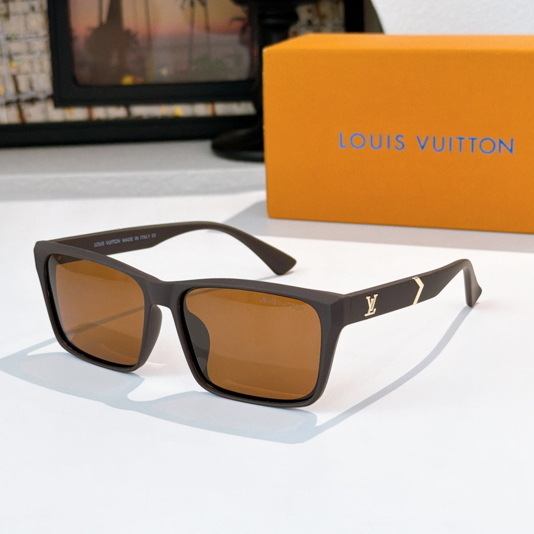 Dark square-frame sunglasses with amber lenses and gold logo on temple