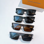 Set of four square-frame sunglasses with blue, black, and amber lenses