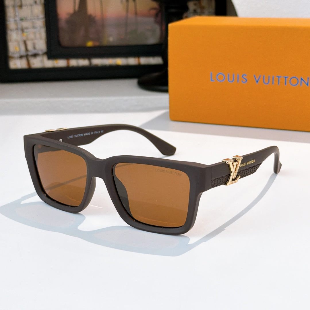 Louis Vuitton square sunglasses with dark frames and amber tinted lenses, front view