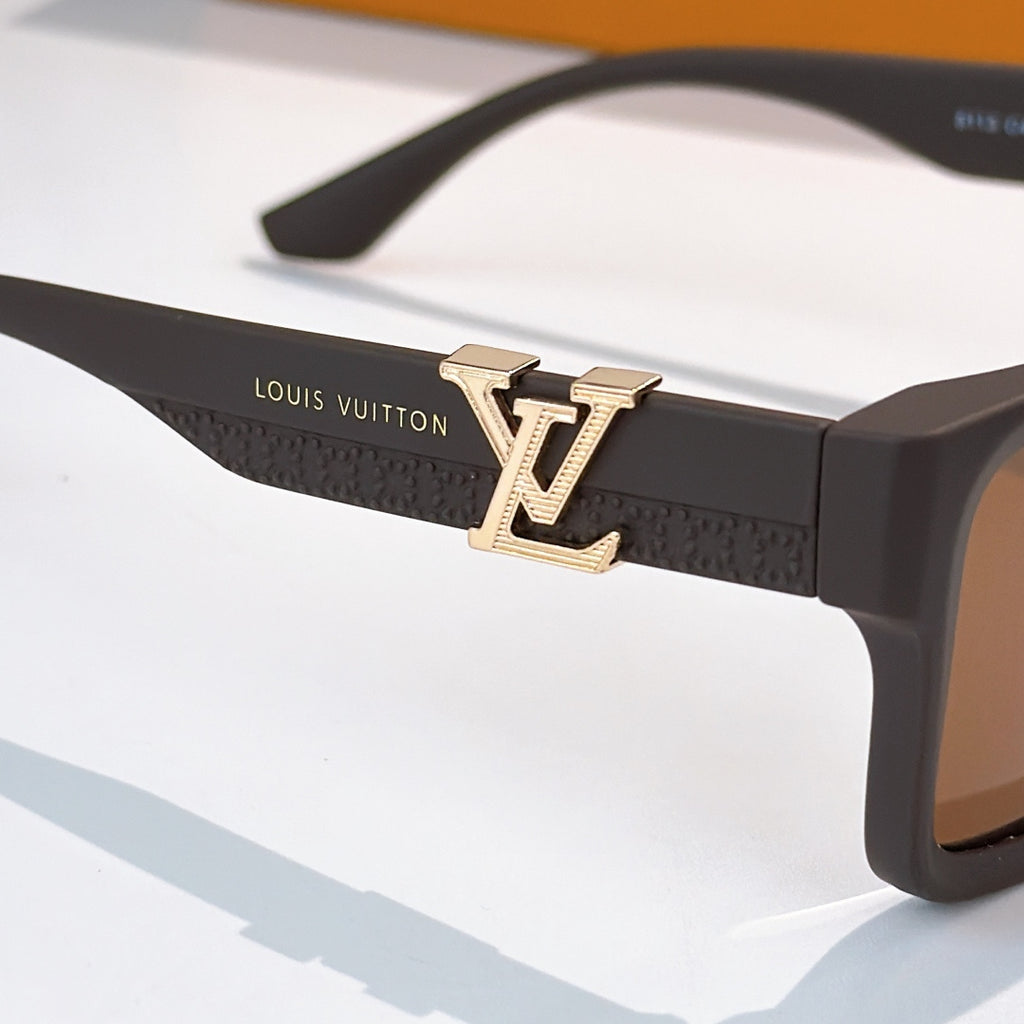 Louis Vuitton sunglasses with textured black temple and gold LV emblem, close-up