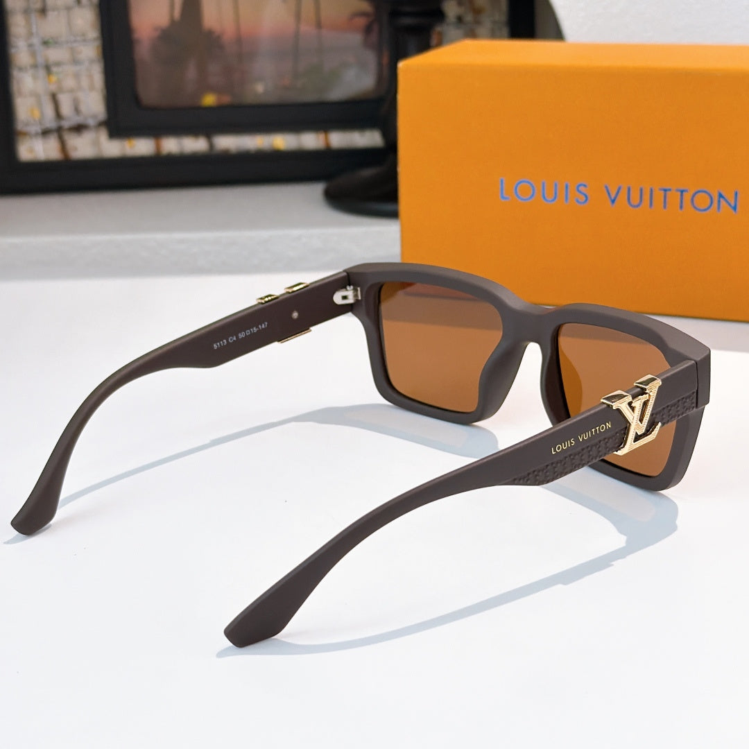 Louis Vuitton square sunglasses with dark frames and amber lenses, side view
