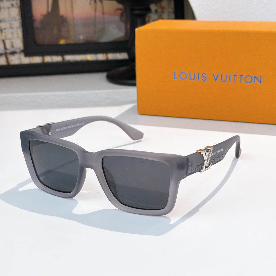 Louis Vuitton square sunglasses with gray frames and dark lenses, three-quarter view