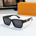 Louis Vuitton square sunglasses with black frames and dark lenses, angled front view